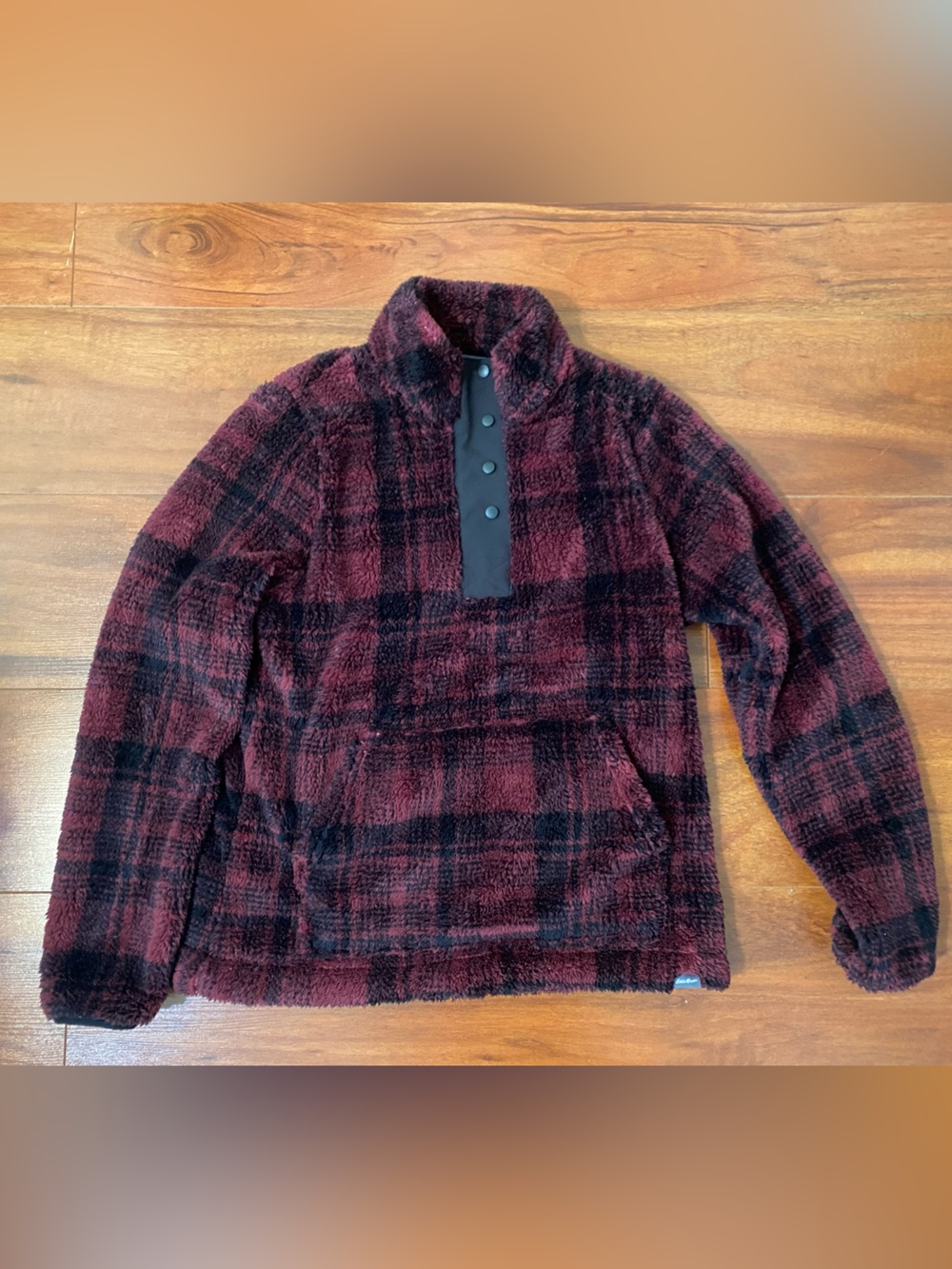 Eddie Bauer Burgundy and Black Plush Snap Pullover